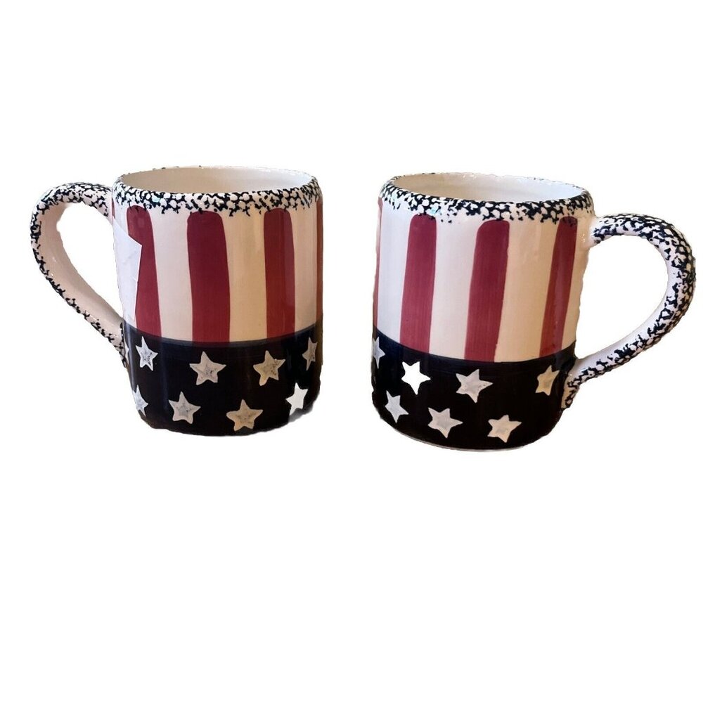 Set Of 2 American Flag Hand Painted Mugs VTG Terry's village China 10oz 3"W 4"T